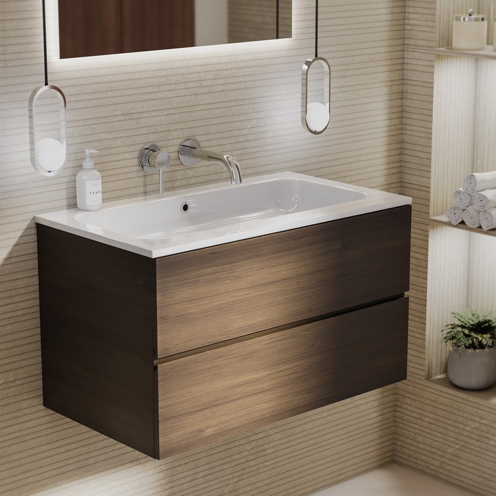 product lifestyle image of Zero Eucalypto 800mm Double Drawer Wall Hung Vanity Unit and 0TH Gloss White Basin 1042-BL1167C-130X